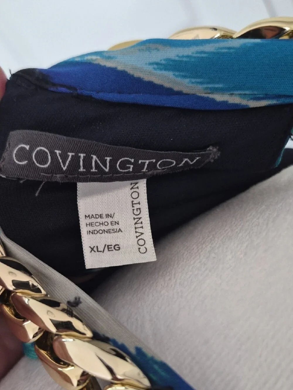 Covington Blue Teal Print Dress with Gold Chain Detail Size XL